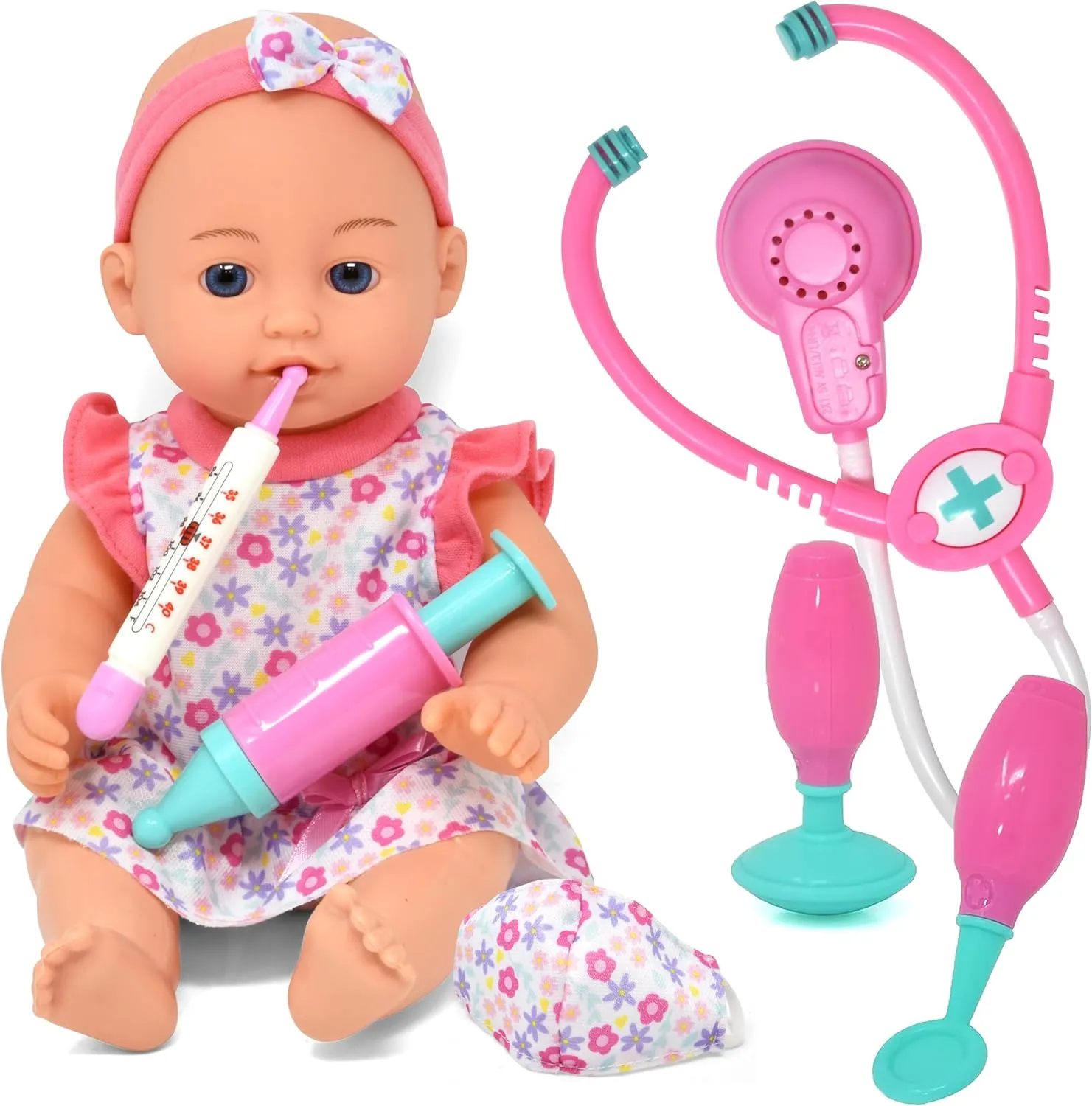 Interactive 12 Inch Baby Doll with Toy Doctor Accessories for Toddlers with Talking Stethoscope Role Play First Dr. Checkup Playset Thermometer Mask Needle Stick Hammer Pretend Play Medical Toy 4 kids
