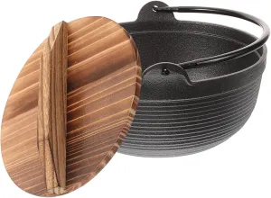 Japanese Style Iron Serving Pot Non-Stick Soup Pot with Wooden Lid for Outdoor Camping and Indoor Cooking Versatile Stew for Ramen Rice and Delicacies