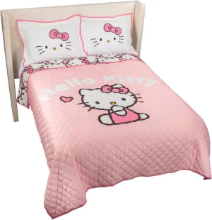Jay Franco Hello Kitty Pink Stripes & Hearts Full/Queen Size Quilt & Sham Set - Super Soft Lightweight Bedspread Set