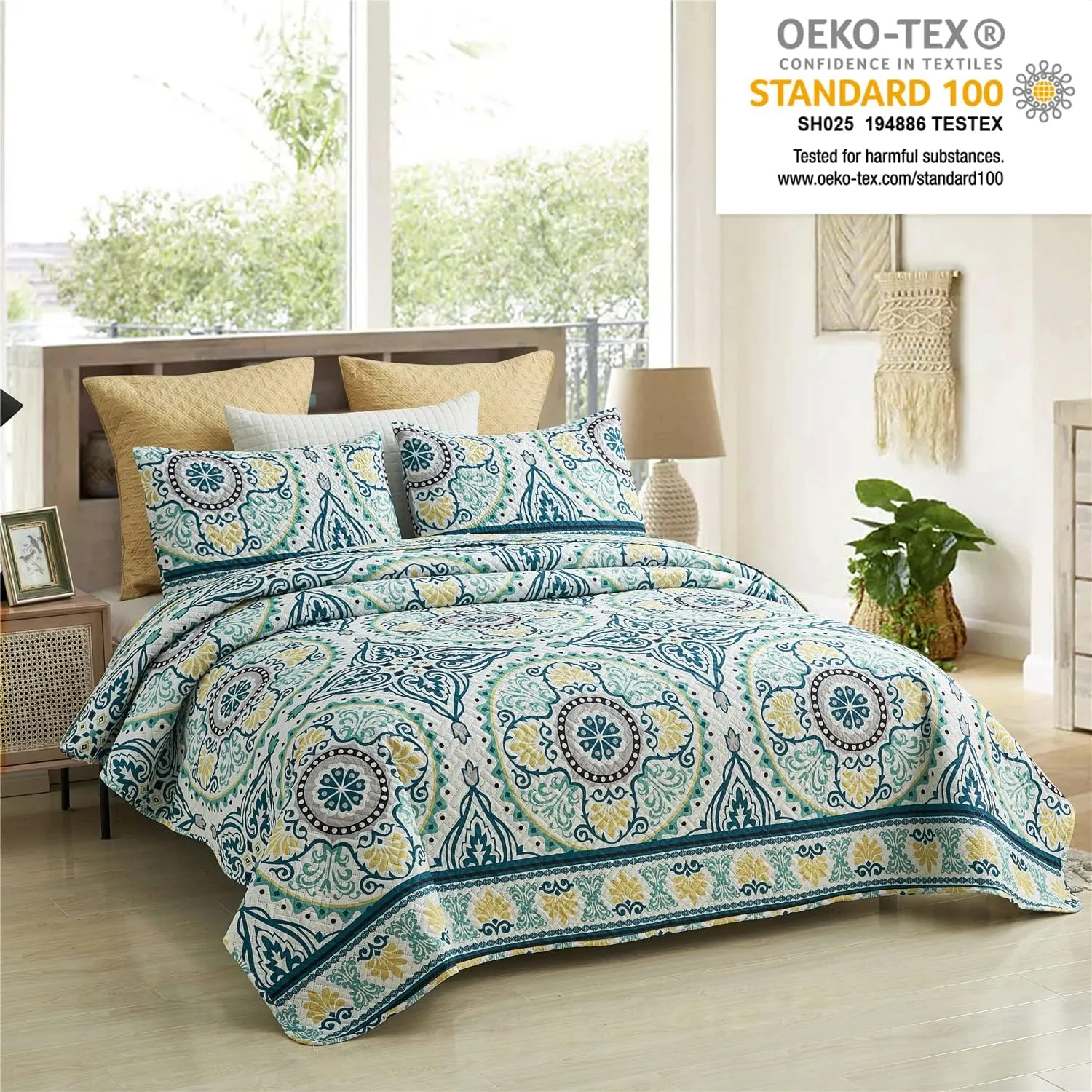 JML Quilt Set Queen Size (88" x 92") with 2 Pillow Shams, 3 Piece - Soft and Lightweight, Boho Reversible Queen Quilt Bedding Bedspread Coverlet Set, Medallion