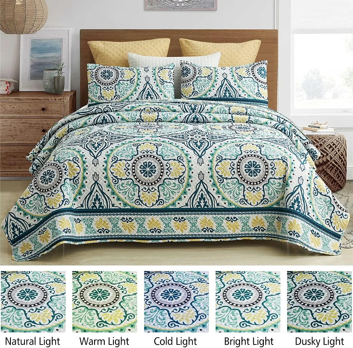JML Quilt Set Queen Size (88" x 92") with 2 Pillow Shams, 3 Piece - Soft and Lightweight, Boho Reversible Queen Quilt Bedding Bedspread Coverlet Set, Medallion