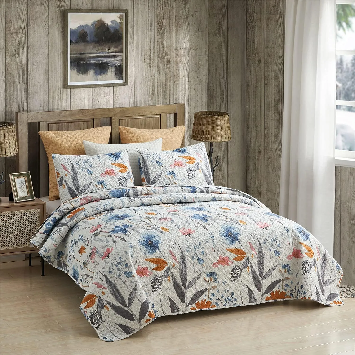 JML Quilt Set Queen Size (88" x92"), 3 Piece Queen Size Quilt Sets with 2 Pillow Shams - Soft and Lightweight, Boho Reversible Queen Quilt Bedding Bedspread Coverlet Set, Floral