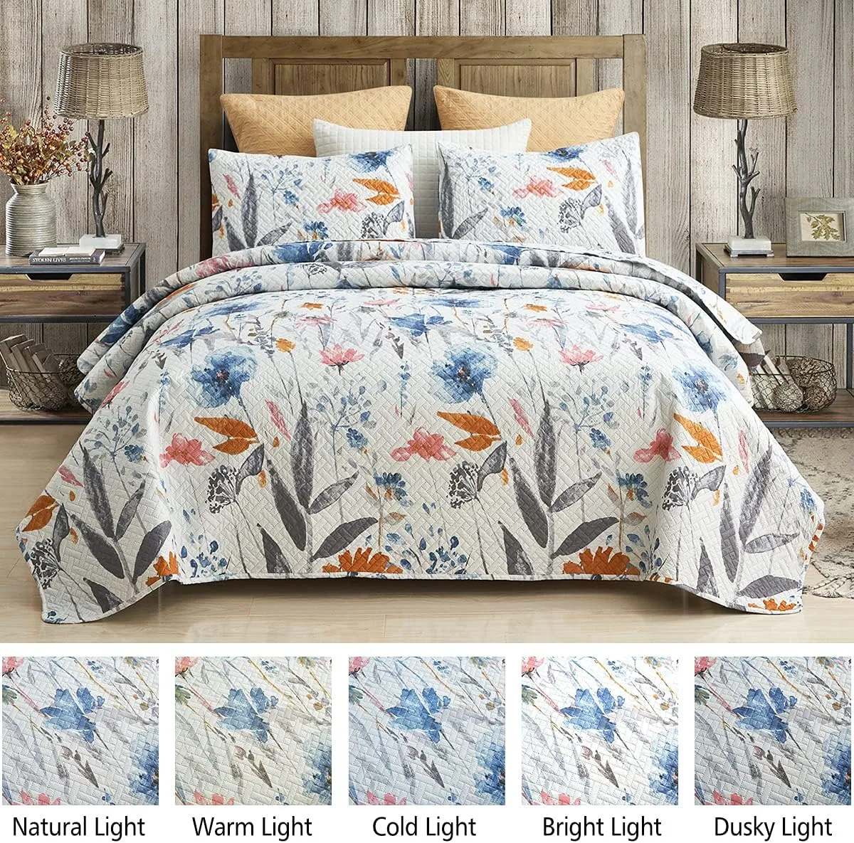 JML Quilt Set Queen Size (88" x92"), 3 Piece Queen Size Quilt Sets with 2 Pillow Shams - Soft and Lightweight, Boho Reversible Queen Quilt Bedding Bedspread Coverlet Set, Floral