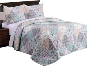 JML Quilt Set - Queen Size Quilt Sets with Shams - 3 Pieces - All Season Lightweight Soft Printed Pattern Bedding Bedspread Coverlet Set