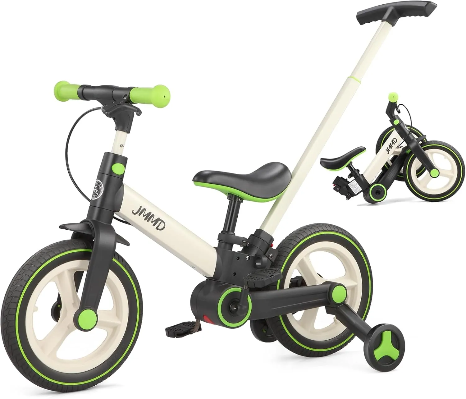JMMD Toddler Bike with Push Handle for Kids 18-60 Months, 6 in 1 Foldable Push Bike with Training Wheels, Pedals, Brakes, Kickstand, Kid Balance Bike Gift & Toys for Boy & Girl