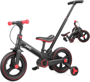 JMMD Toddler Bike with Push Handle for Kids 18-60 Months, 6 in 1 Foldable Push Bike with Training Wheels, Pedals, Brakes, Kickstand, Kid Balance Bike Gift & Toys for Boy & Girl