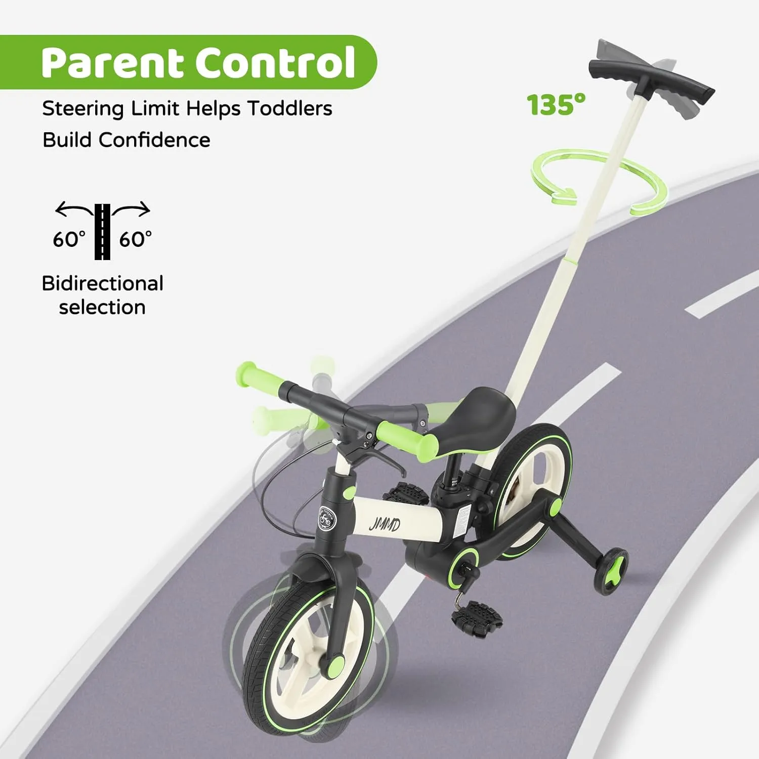 JMMD Toddler Bike with Push Handle for Kids 18-60 Months, 6 in 1 Foldable Push Bike with Training Wheels, Pedals, Brakes, Kickstand, Kid Balance Bike Gift & Toys for Boy & Girl