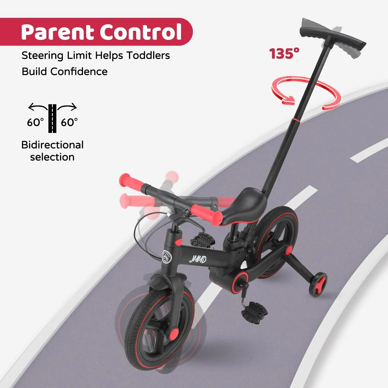 JMMD Toddler Bike with Push Handle for Kids 18-60 Months, 6 in 1 Foldable Push Bike with Training Wheels, Pedals, Brakes, Kickstand, Kid Balance Bike Gift & Toys for Boy & Girl