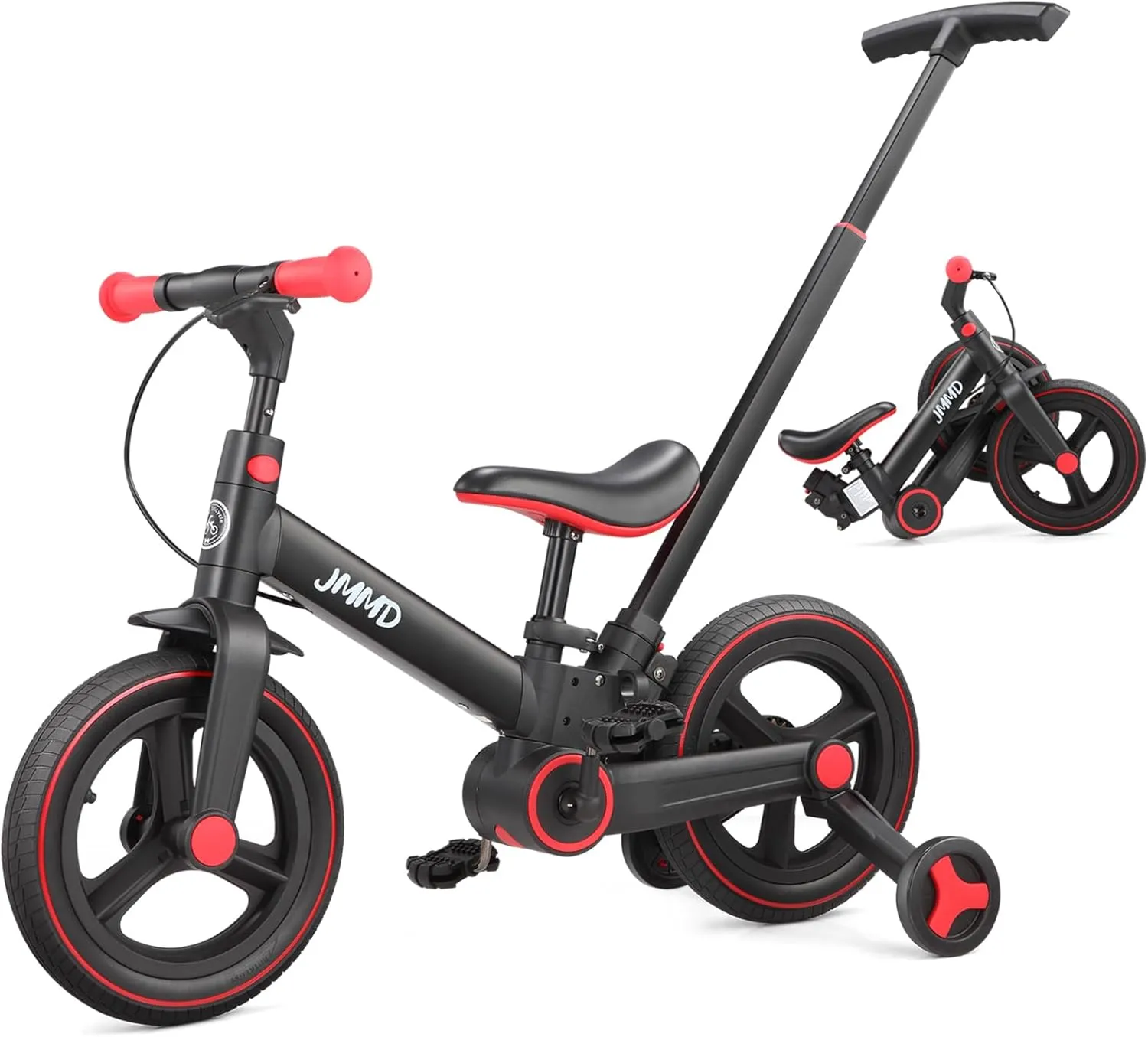 JMMD Toddler Bike with Push Handle for Kids 18-60 Months, 6 in 1 Foldable Push Bike with Training Wheels, Pedals, Brakes, Kickstand, Kid Balance Bike Gift & Toys for Boy & Girl