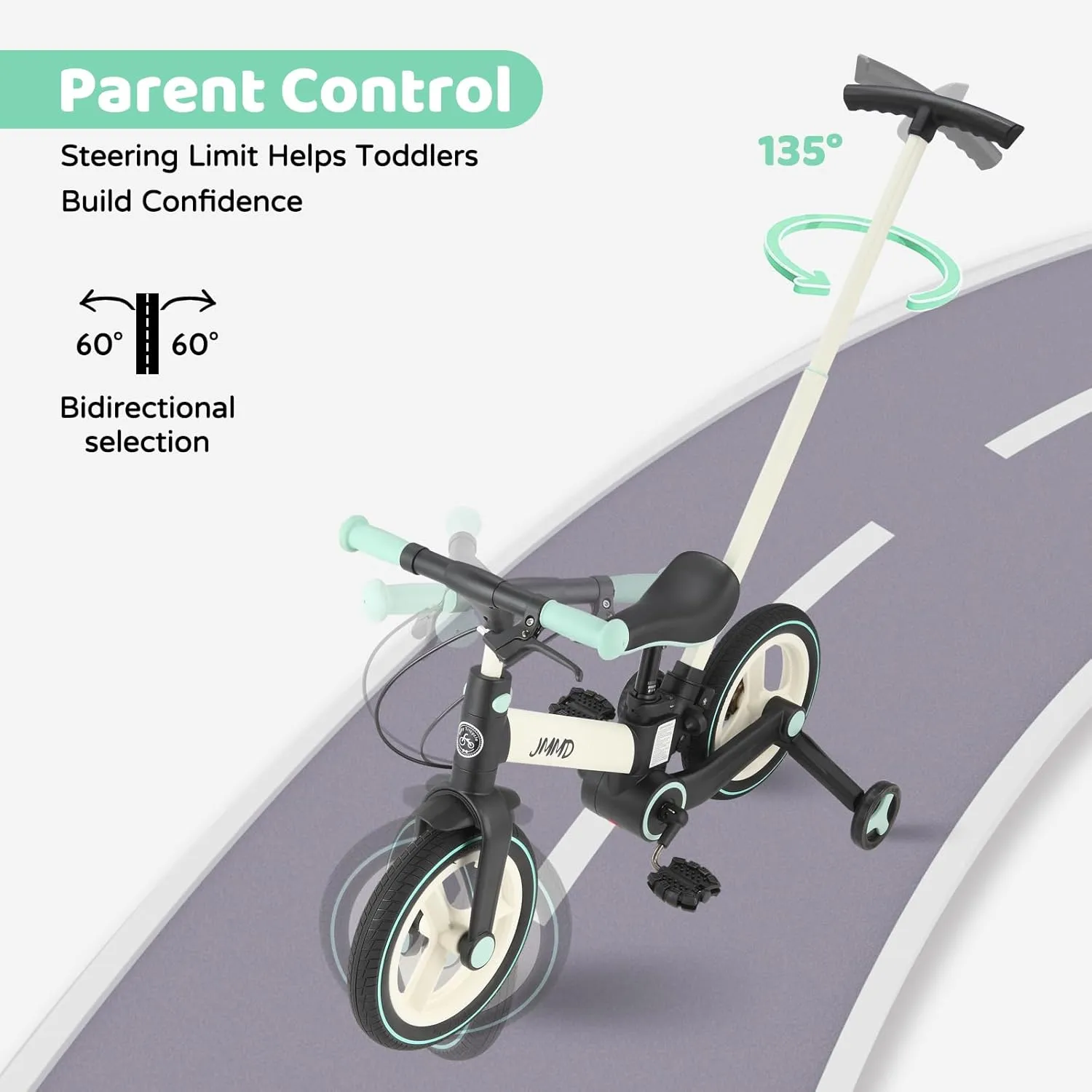 JMMD Toddler Bike with Push Handle for Kids 18-60 Months, 6 in 1 Foldable Push Bike with Training Wheels, Pedals, Brakes, Kickstand, Kid Balance Bike Gift & Toys for Boy & Girl
