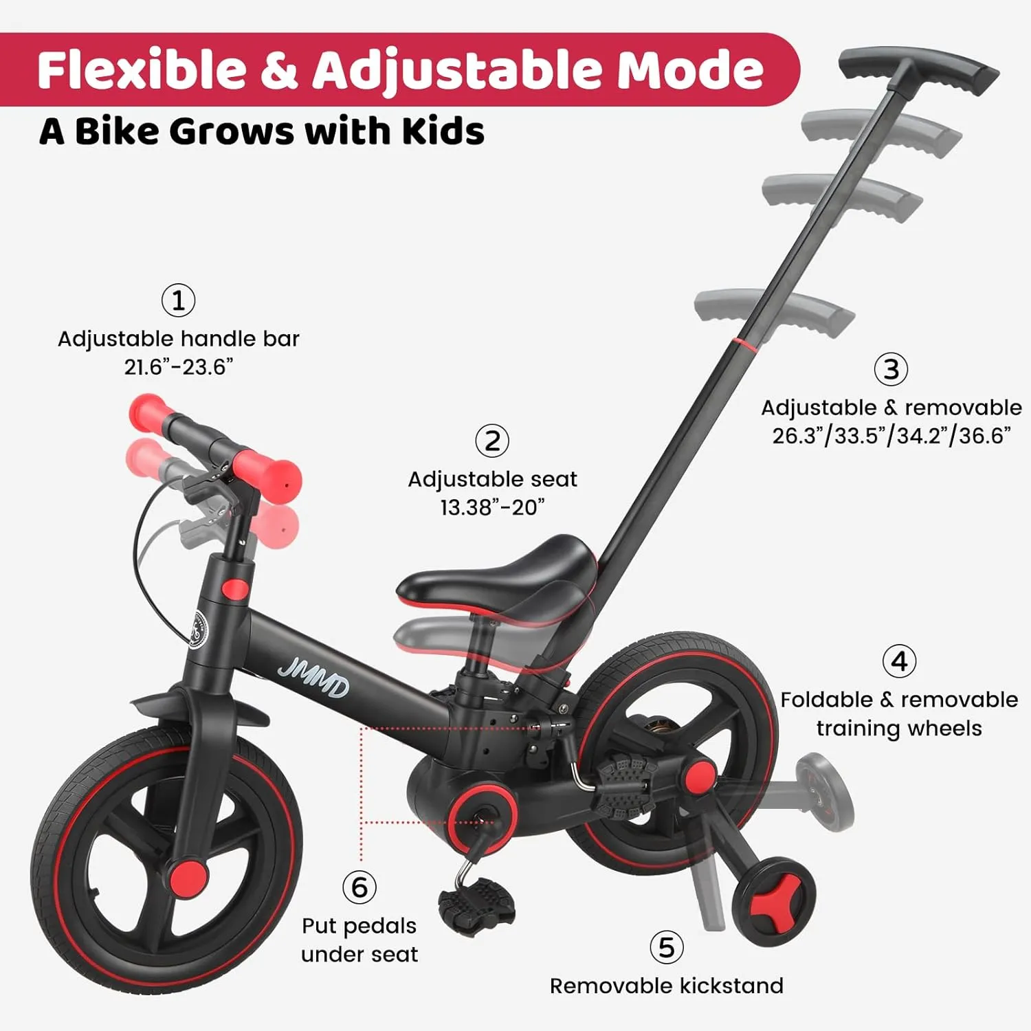 JMMD Toddler Bike with Push Handle for Kids 18-60 Months, 6 in 1 Foldable Push Bike with Training Wheels, Pedals, Brakes, Kickstand, Kid Balance Bike Gift & Toys for Boy & Girl