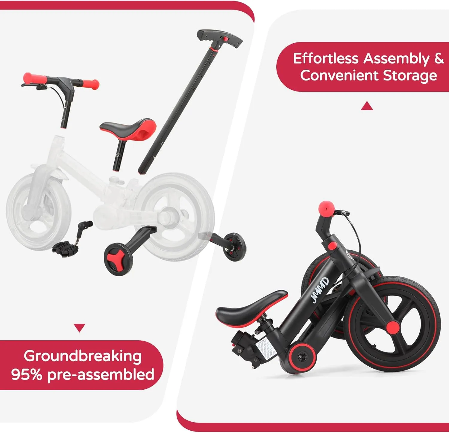 JMMD Toddler Bike with Push Handle for Kids 18-60 Months, 6 in 1 Foldable Push Bike with Training Wheels, Pedals, Brakes, Kickstand, Kid Balance Bike Gift & Toys for Boy & Girl