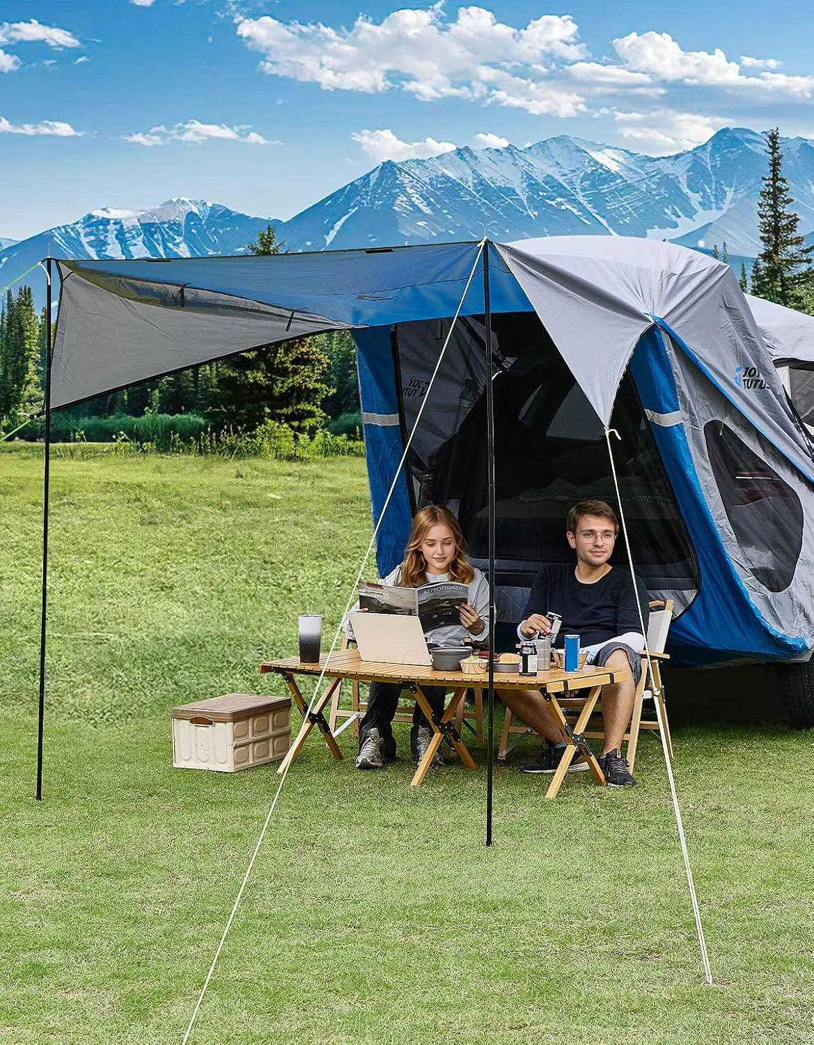 JOYTUTUS SUV Tailgate Tent with Three Sides Awning and Poles, Water Resistant SUV Camping Tent with Car Roof Cover, Outdoor Travel Preferred, Universal Fit Most SUV, Car, Blue