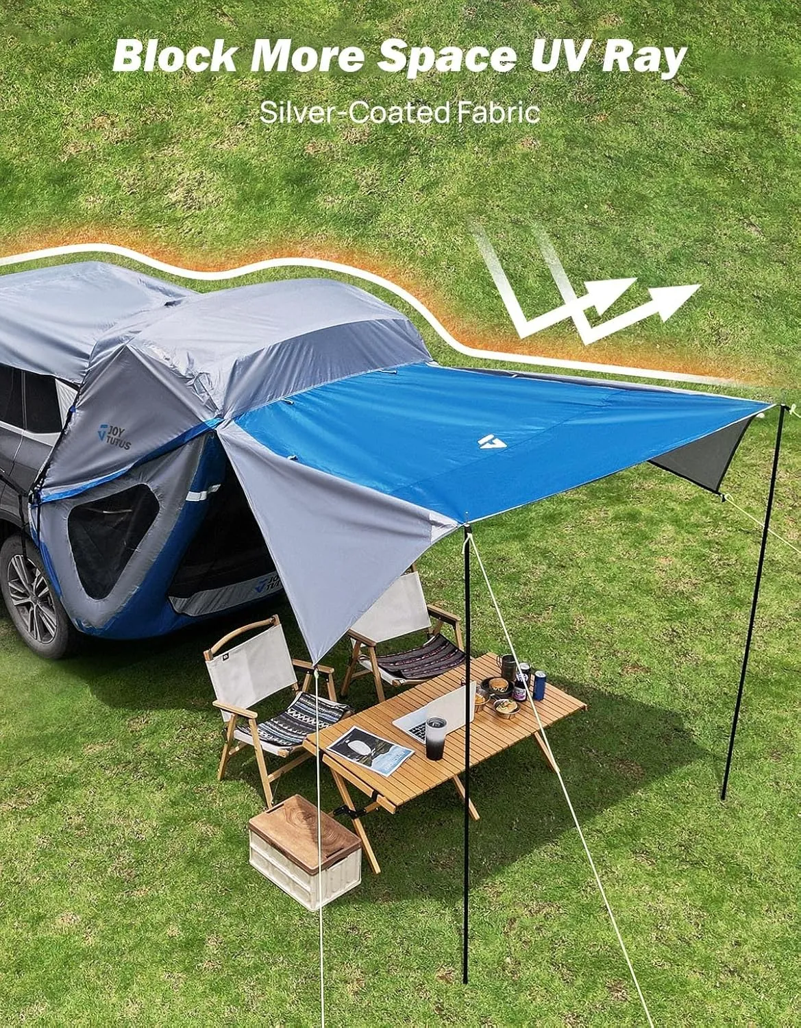 JOYTUTUS SUV Tailgate Tent with Three Sides Awning and Poles, Water Resistant SUV Camping Tent with Car Roof Cover, Outdoor Travel Preferred, Universal Fit Most SUV, Car, Blue