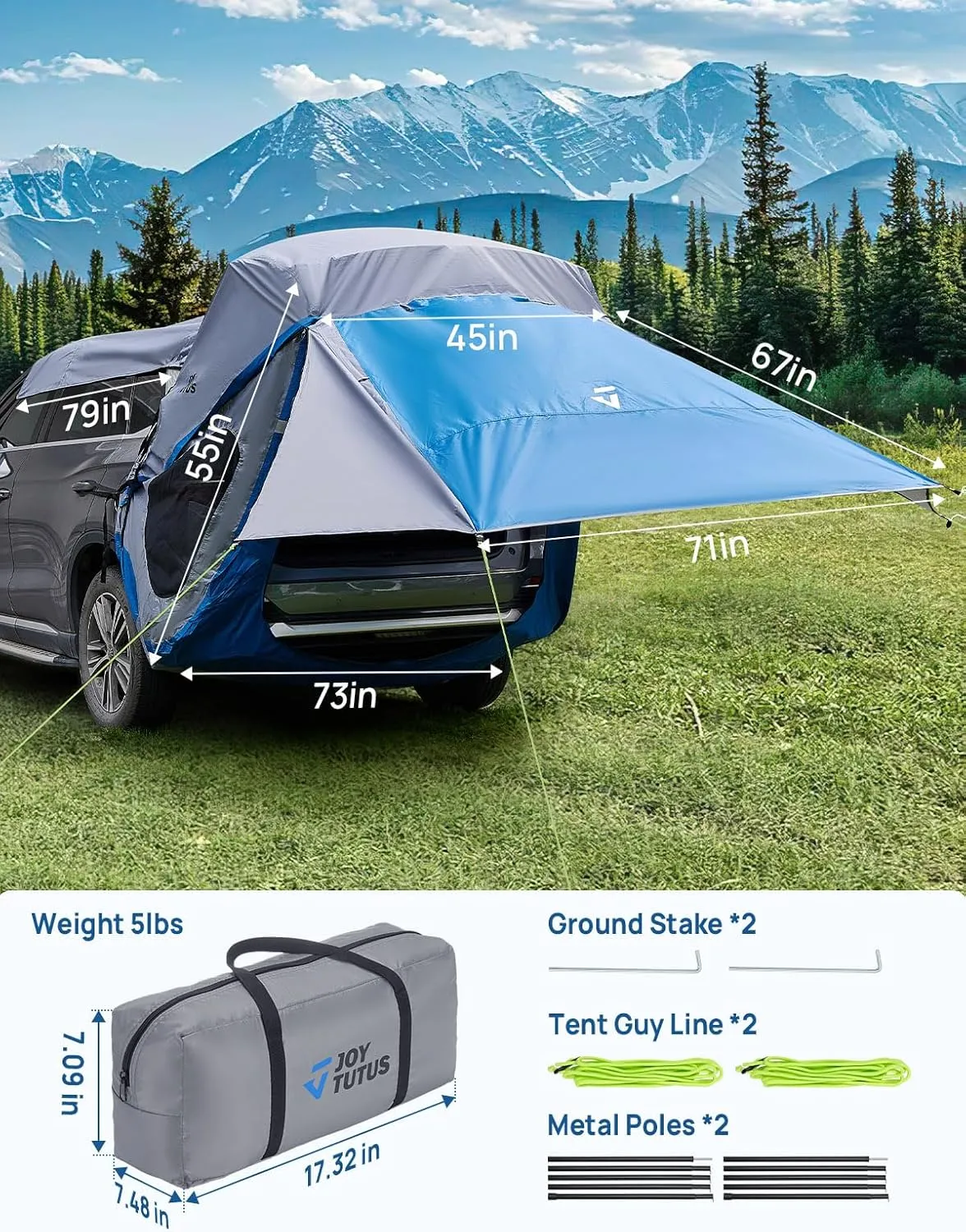 JOYTUTUS SUV Tailgate Tent with Three Sides Awning and Poles, Water Resistant SUV Camping Tent with Car Roof Cover, Outdoor Travel Preferred, Universal Fit Most SUV, Car, Blue