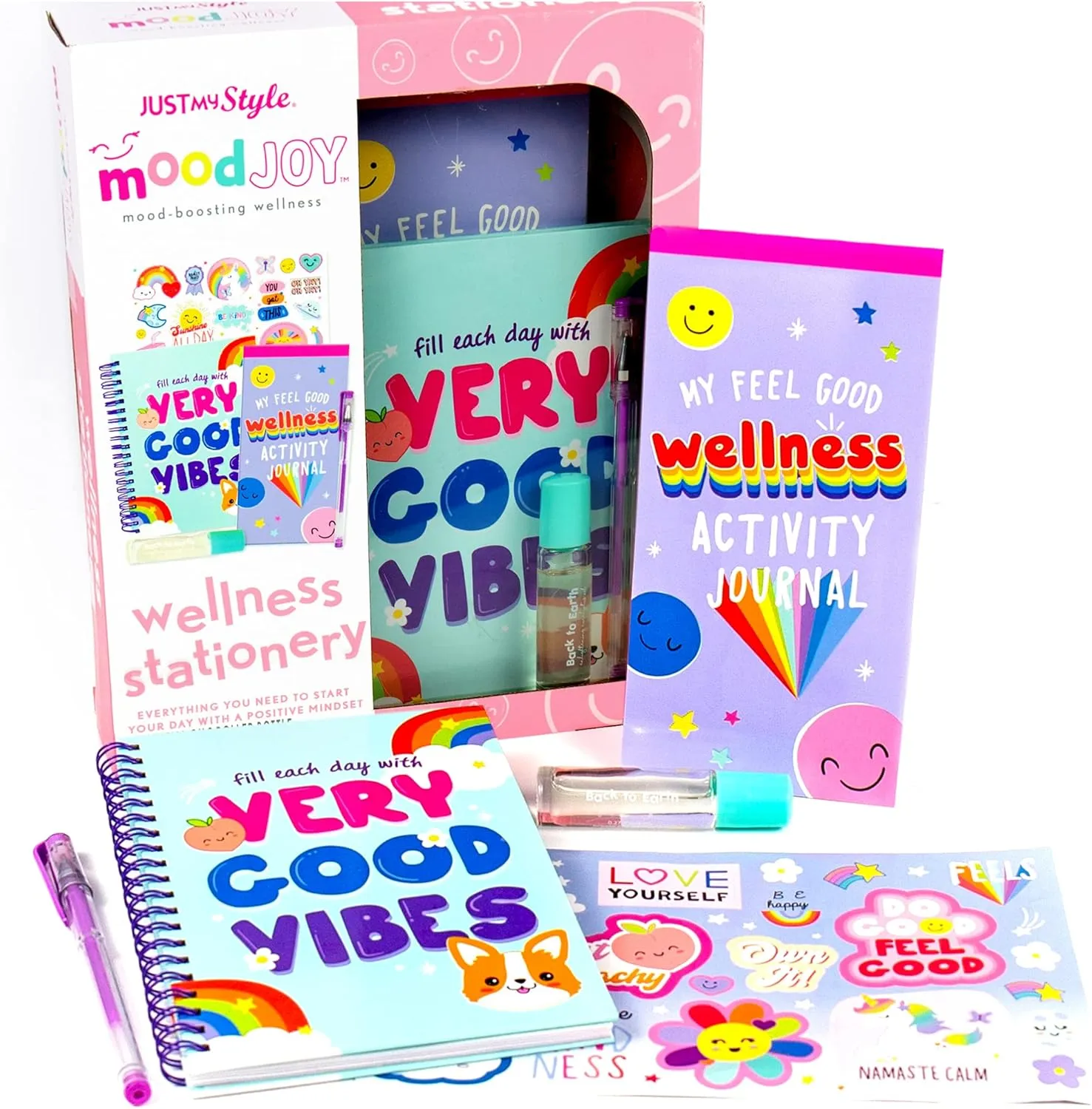 Just My Style MoodJoy Wellness Stationery Set by Horizon Group USA, Includes Spiral-Bound Positivity Planner, Wellness Activity Notebook, Aromatherapy Roller, Stickers & More