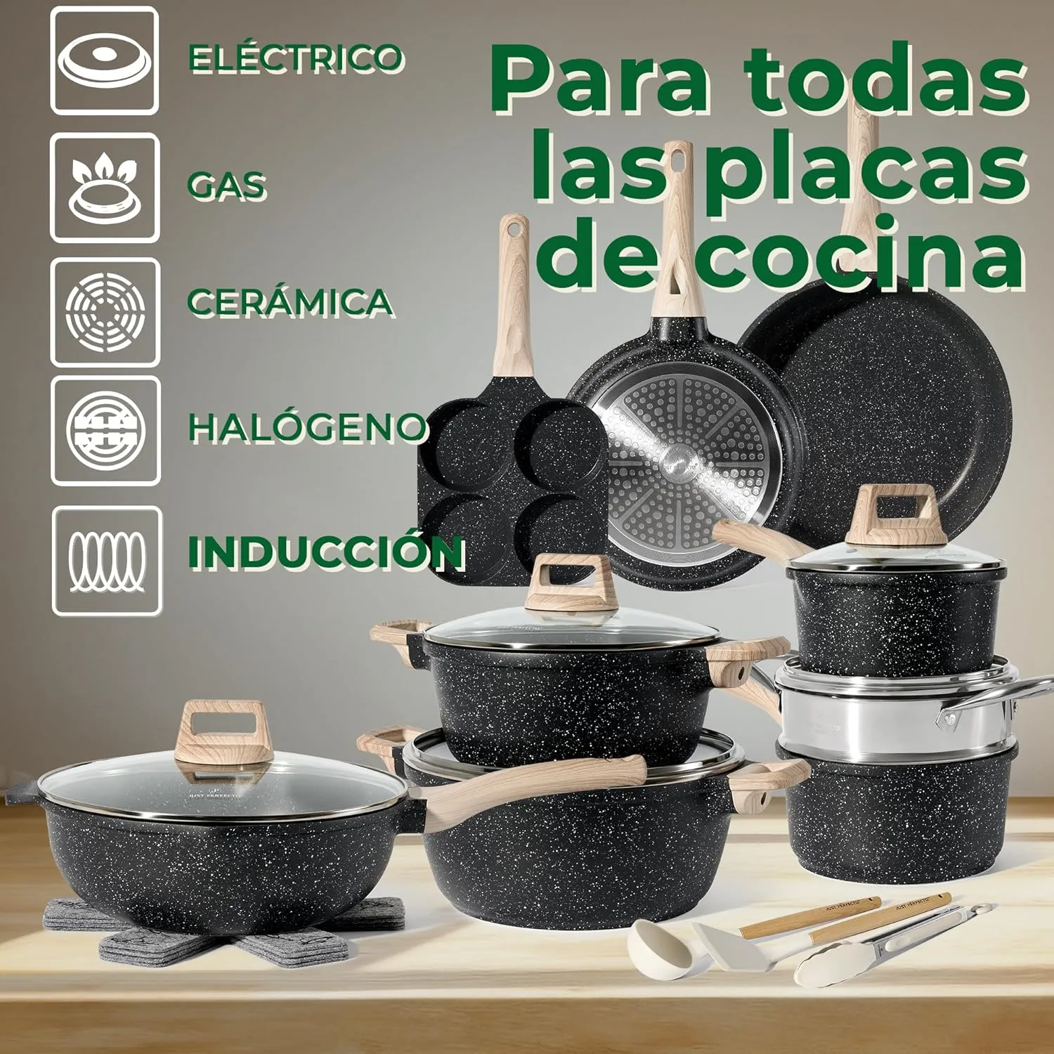 JUST PERFECTO Kitchen Pots and Pans Set with Lids Non Stick - Induction Pots Set - Pots & Pans Set without PTFE and PFOA - Cookware Pot Set Induction 21 Pcs (black)