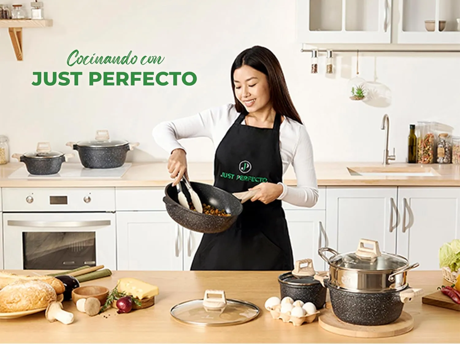 JUST PERFECTO Kitchen Pots and Pans Set with Lids Non Stick - Induction Pots Set - Pots & Pans Set without PTFE and PFOA - Cookware Pot Set Induction 21 Pcs (black)