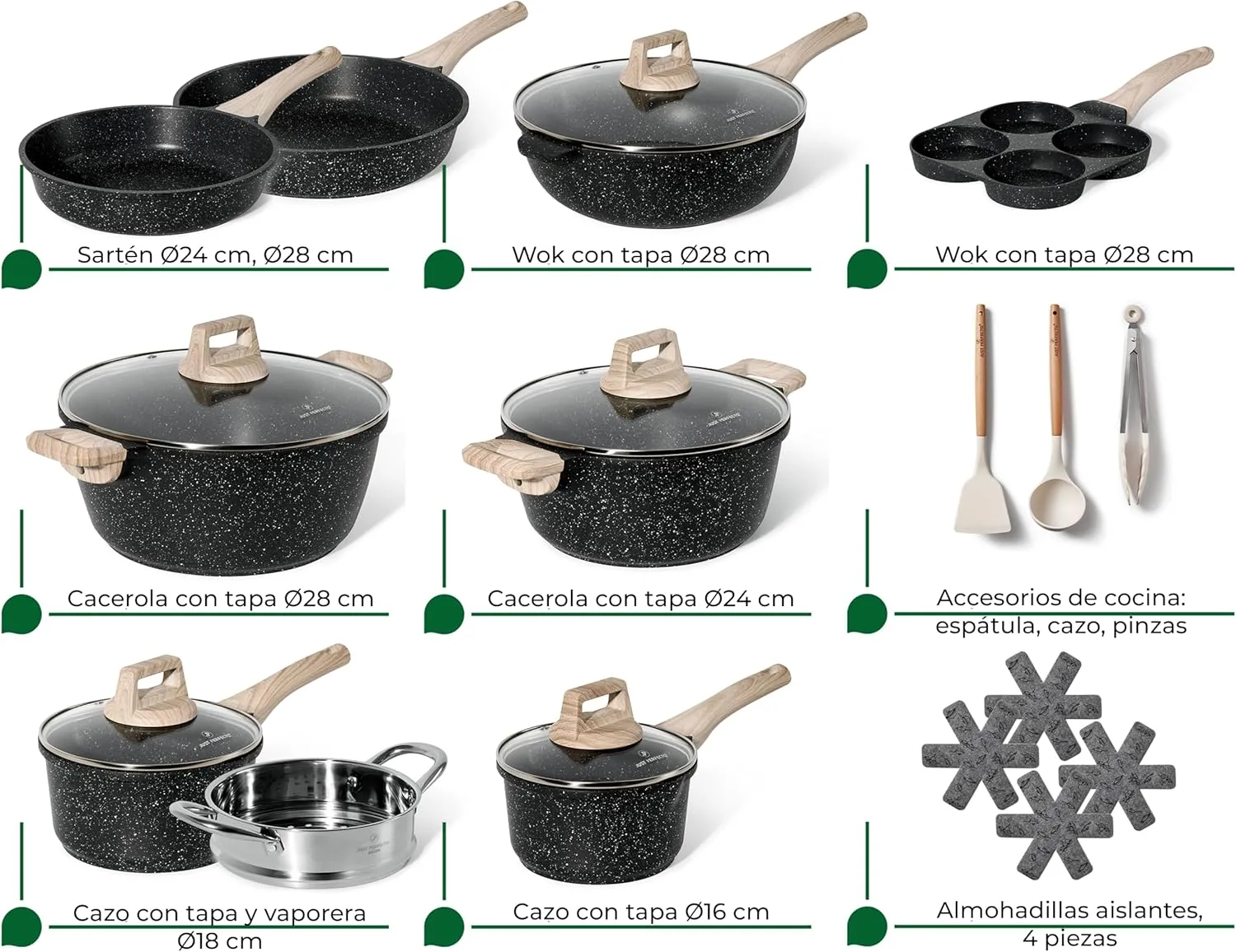 JUST PERFECTO Kitchen Pots and Pans Set with Lids Non Stick - Induction Pots Set - Pots & Pans Set without PTFE and PFOA - Cookware Pot Set Induction 21 Pcs (black)