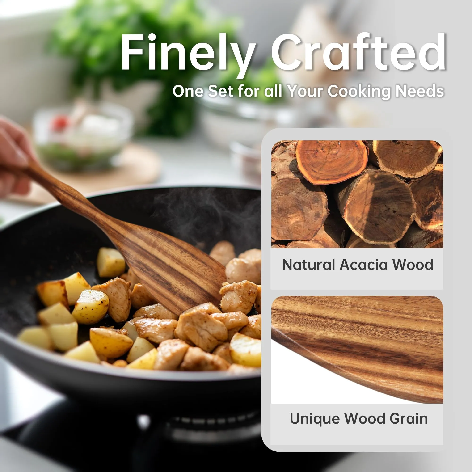 KARRYOUNG Acacia Wood Spoons for Cooking Set of 6, Wooden Cooking Utensil Set, Wooden Spatula, Slotted & Pasta Spoon, Solid Wood Cooking Spoons