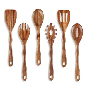 KARRYOUNG Acacia Wood Spoons for Cooking Set of 6, Wooden Cooking Utensil Set, Wooden Spatula, Slotted & Pasta Spoon, Solid Wood Cooking Spoons
