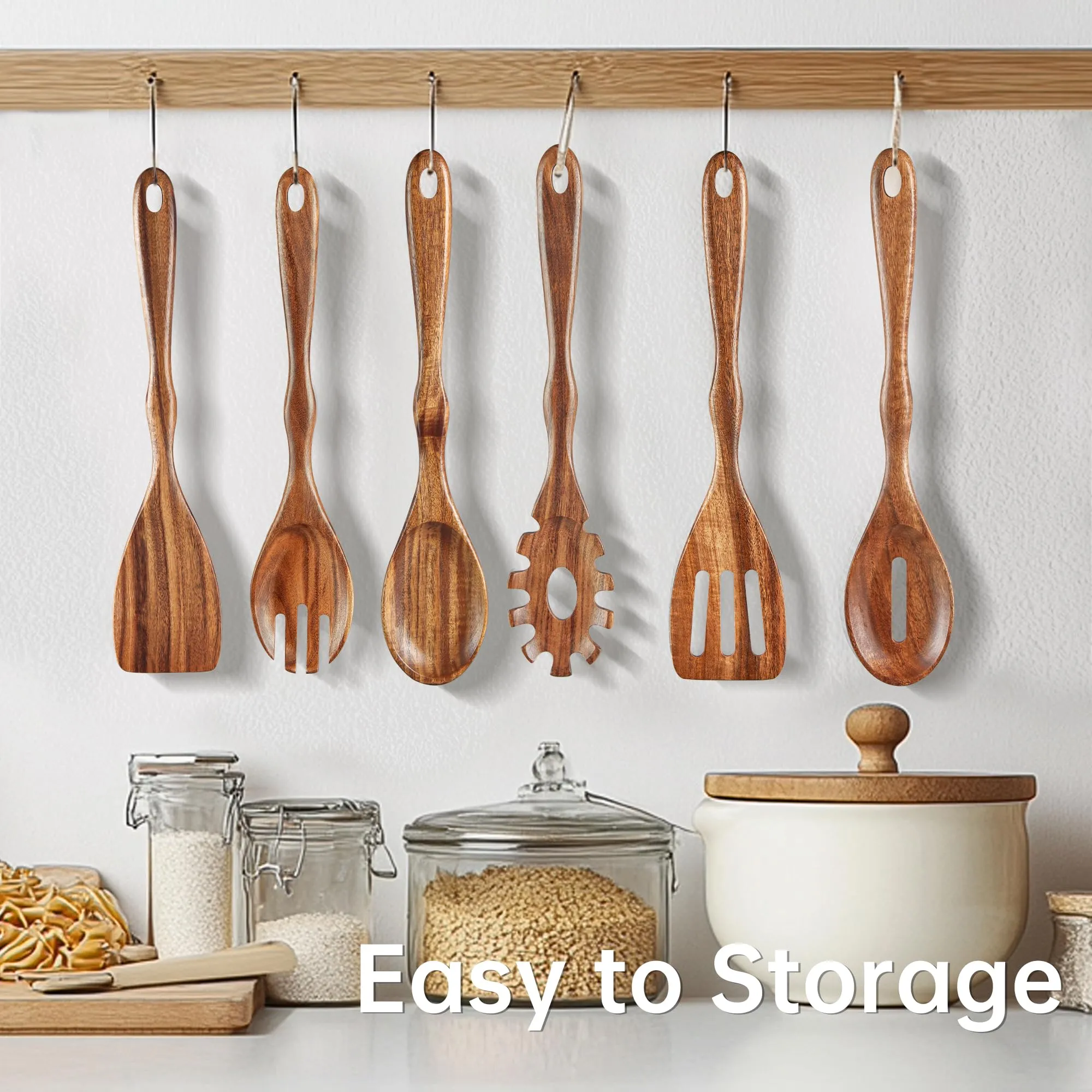 KARRYOUNG Acacia Wood Spoons for Cooking Set of 6, Wooden Cooking Utensil Set, Wooden Spatula, Slotted & Pasta Spoon, Solid Wood Cooking Spoons