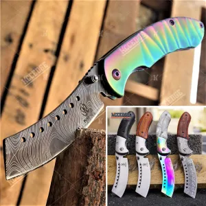 KCCEDGE BEST CUTLERY SOURCE EDC Pocket Knife Camping Accessories Folding Knife for Camping Gear Survival Kit Full Edge with Razor Sharp Edge 58731 (Iridescent Damascus)