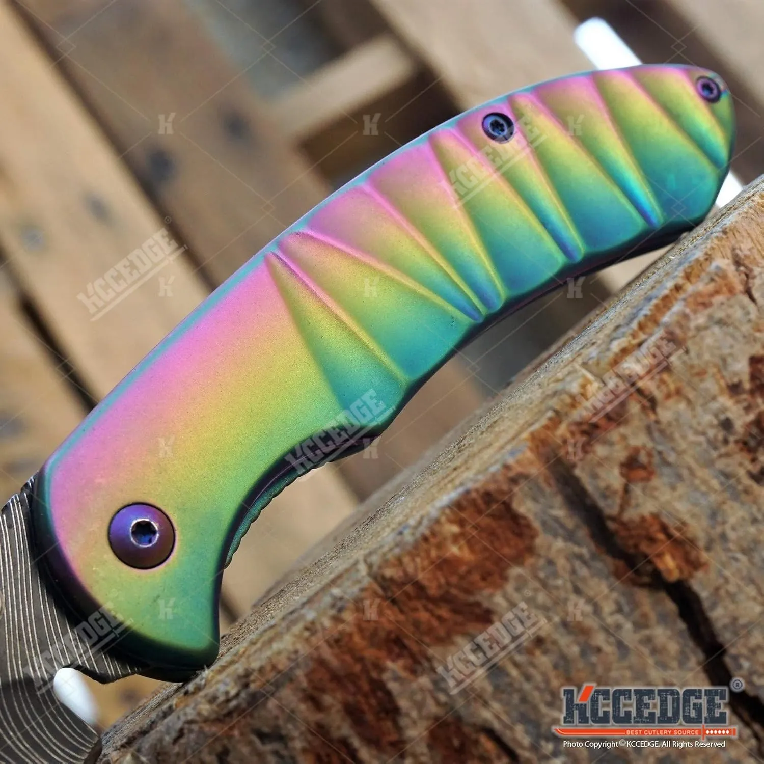 KCCEDGE BEST CUTLERY SOURCE EDC Pocket Knife Camping Accessories Folding Knife for Camping Gear Survival Kit Full Edge with Razor Sharp Edge 58731 (Iridescent Damascus)