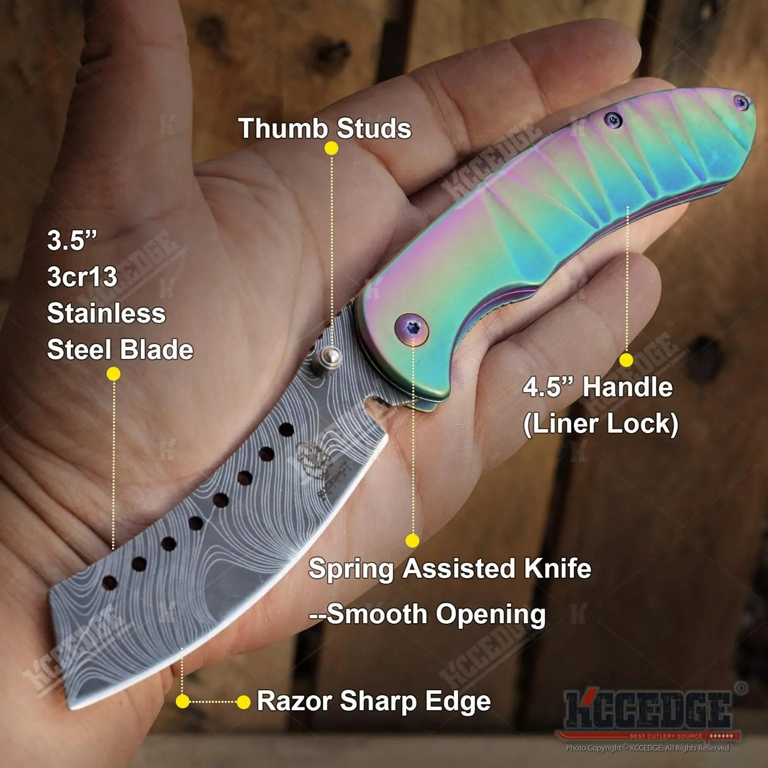 KCCEDGE BEST CUTLERY SOURCE EDC Pocket Knife Camping Accessories Folding Knife for Camping Gear Survival Kit Full Edge with Razor Sharp Edge 58731 (Iridescent Damascus)