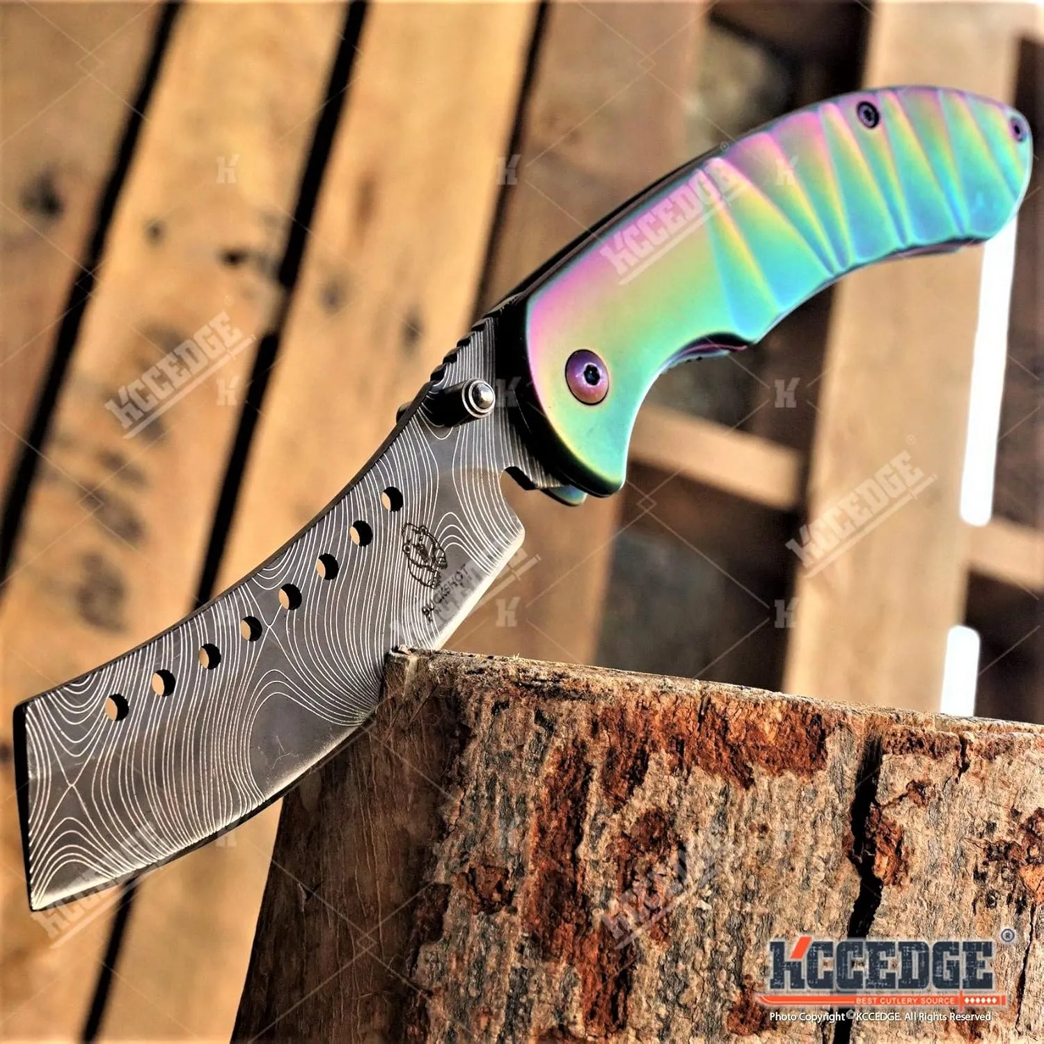 KCCEDGE BEST CUTLERY SOURCE EDC Pocket Knife Camping Accessories Folding Knife for Camping Gear Survival Kit Full Edge with Razor Sharp Edge 58731 (Iridescent Damascus)