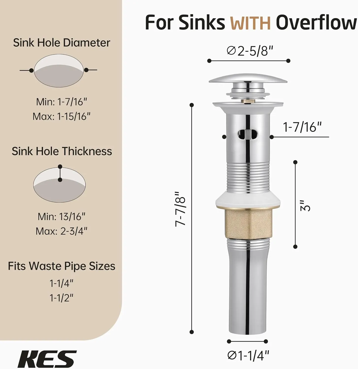 KES All Metal Bathroom Sink Drain with Strainer Basket Hair Catcher Anti Clog Pop Up Drain Stopper for Vanity Vessel Sink with Overflow, Rustproof 18/8 Stainless Steel Polished Chrome S2013A-CH