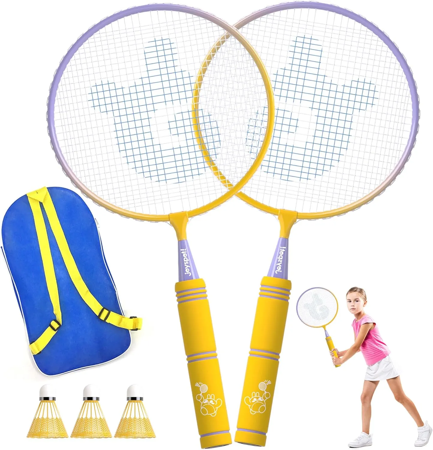 Kids Badminton Racket Set with Soft Grip, Oversized & Lightweight Shuttlecocks Racquet for 2-Player with Carry Bag, Beach Lawn Backyard Play, Indoor/Outdoor Sport Game, Perfect for Children & Youth