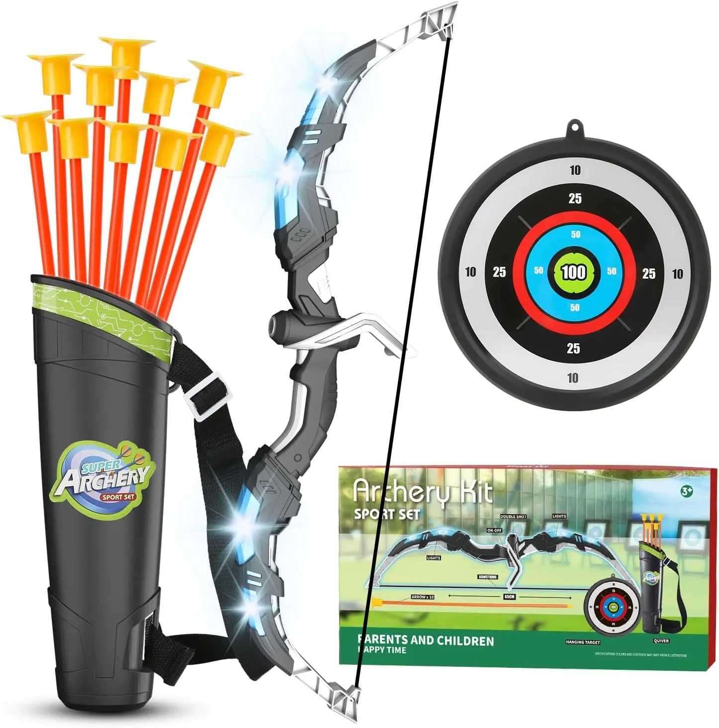 Kids Bow and Arrow Set, LED Light Up Archery Toys Set for Kids Ages 4-8 8-12, with 10 Suction Cup Arrows, Target & Quiver, Boys Girls Christmas Birthday Gift Ideas, Indoor Outdoor Kids Toys