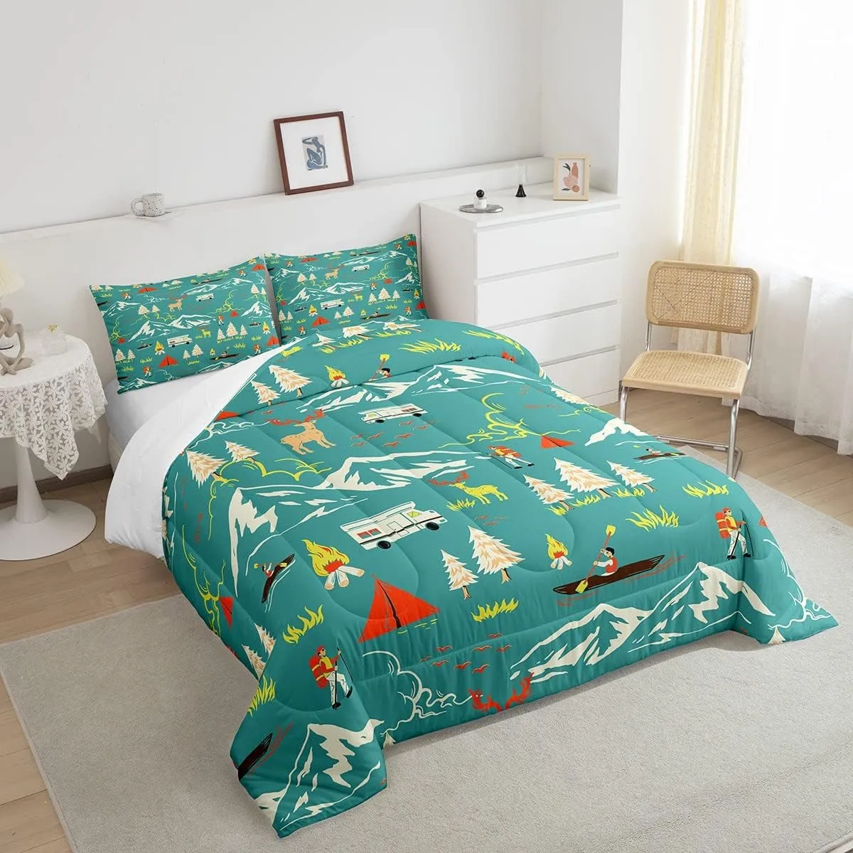 Kids Camping Comforter Set Twin Size, Farmhouse Camper Car Bedding Set, Deer Wild Animals Bedding Comforter Sets, Mountain Adventure Down Comforter, Firemen Woodland Duvet Insert, 2Pcs Green