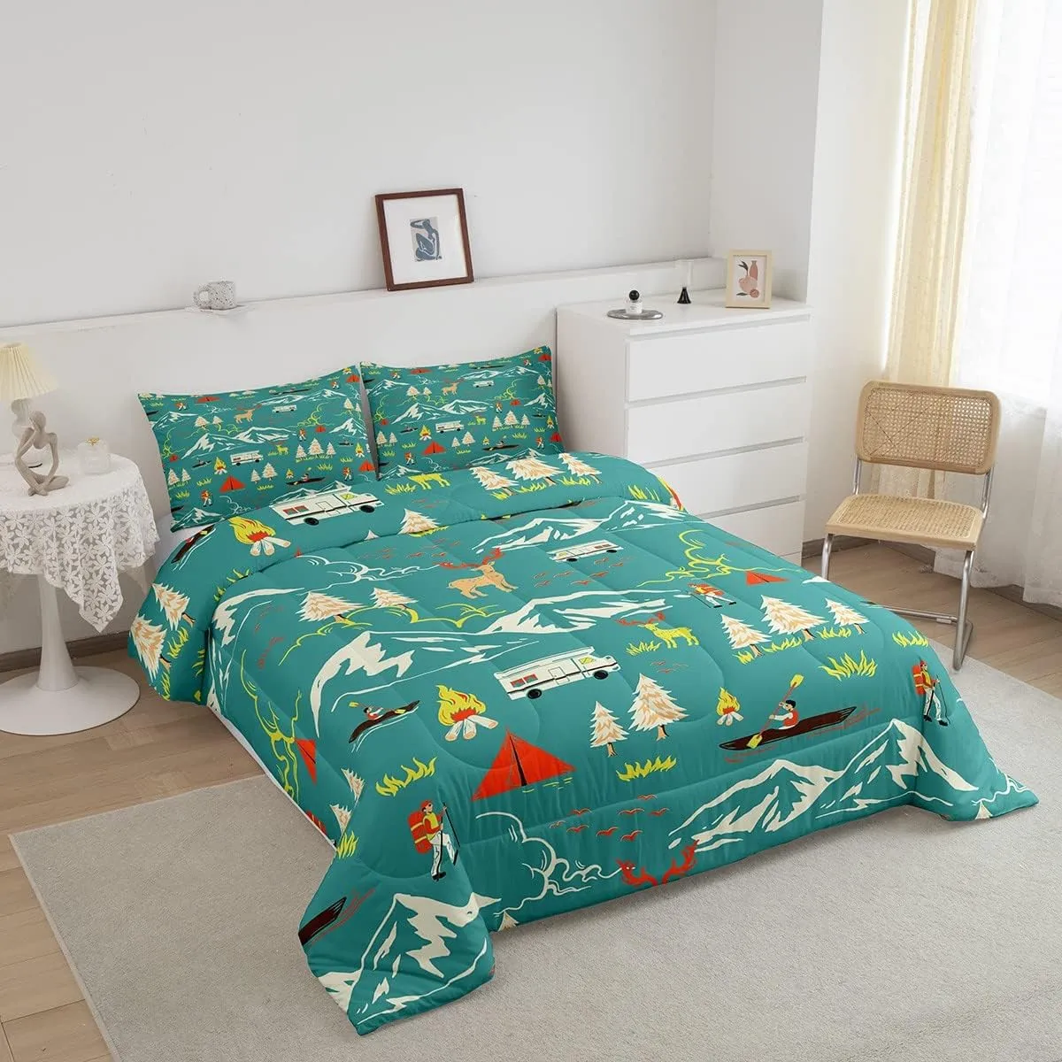 Kids Camping Comforter Set Twin Size, Farmhouse Camper Car Bedding Set, Deer Wild Animals Bedding Comforter Sets, Mountain Adventure Down Comforter, Firemen Woodland Duvet Insert, 2Pcs Green
