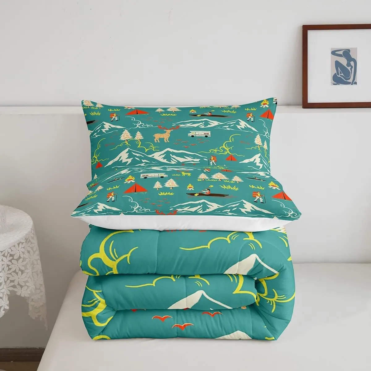 Kids Camping Comforter Set Twin Size, Farmhouse Camper Car Bedding Set, Deer Wild Animals Bedding Comforter Sets, Mountain Adventure Down Comforter, Firemen Woodland Duvet Insert, 2Pcs Green
