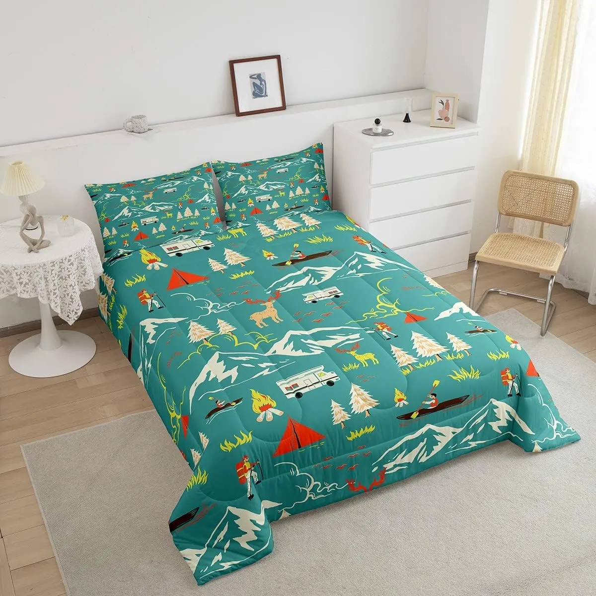 Kids Camping Comforter Set Twin Size, Farmhouse Camper Car Bedding Set, Deer Wild Animals Bedding Comforter Sets, Mountain Adventure Down Comforter, Firemen Woodland Duvet Insert, 2Pcs Green