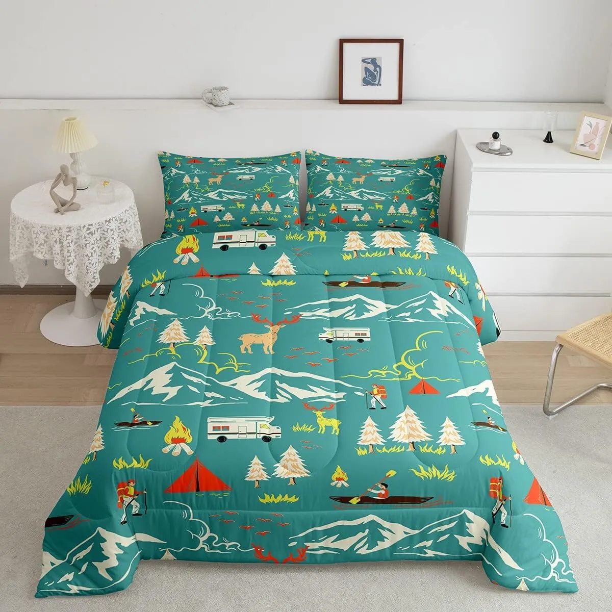 Kids Camping Comforter Set Twin Size, Farmhouse Camper Car Bedding Set, Deer Wild Animals Bedding Comforter Sets, Mountain Adventure Down Comforter, Firemen Woodland Duvet Insert, 2Pcs Green