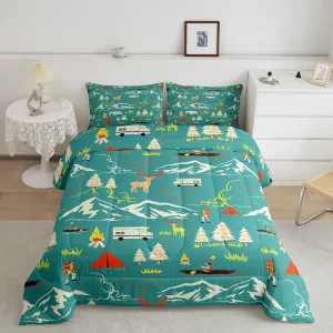 Kids Camping Comforter Set Twin Size, Farmhouse Camper Car Bedding Set, Deer Wild Animals Bedding Comforter Sets, Mountain Adventure Down Comforter, Firemen Woodland Duvet Insert, 2Pcs Green