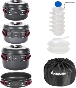 KingCamp 7/9/18Pcs Camping Cookware Mess Kit Camping Cooking Set Non-Stick Hard-Anodized Aluminum Camping Gear Camping Pots and Pans Set with Tableware for Outdoor Backpacking Hiking Picnic Backyard