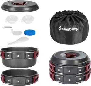 KingCamp 7/9/18Pcs Camping Cookware Mess Kit Camping Cooking Set Non-Stick Hard-Anodized Aluminum Camping Gear Camping Pots and Pans Set with Tableware for Outdoor Backpacking Hiking Picnic Backyard