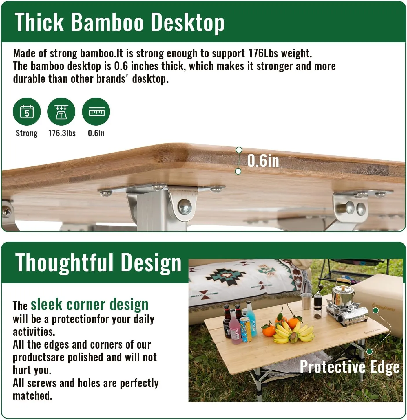 KingCamp Adjustable Height Folding Table, 4-Fold Bamboo Camping Outdoor Portable RV Camp Table with Carry Bag & Storage for Outdoor Car Backyard Picnic Tailgating Beach