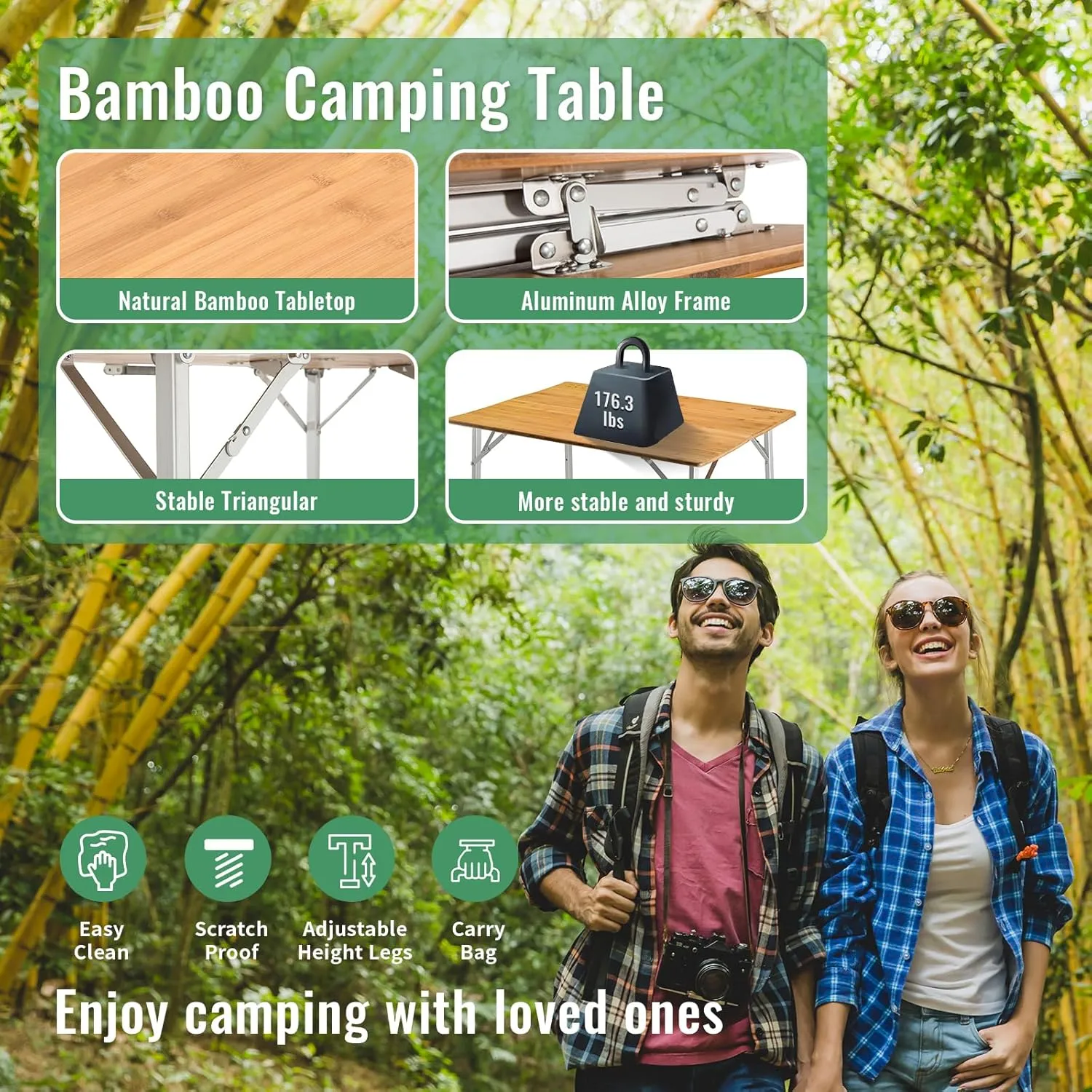 KingCamp Adjustable Height Folding Table, 4-Fold Bamboo Camping Outdoor Portable RV Camp Table with Carry Bag & Storage for Outdoor Car Backyard Picnic Tailgating Beach