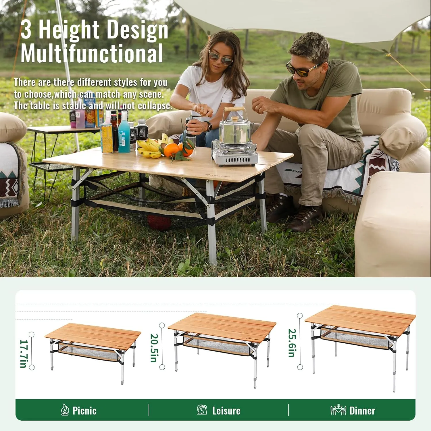 KingCamp Adjustable Height Folding Table, 4-Fold Bamboo Camping Outdoor Portable RV Camp Table with Carry Bag & Storage for Outdoor Car Backyard Picnic Tailgating Beach