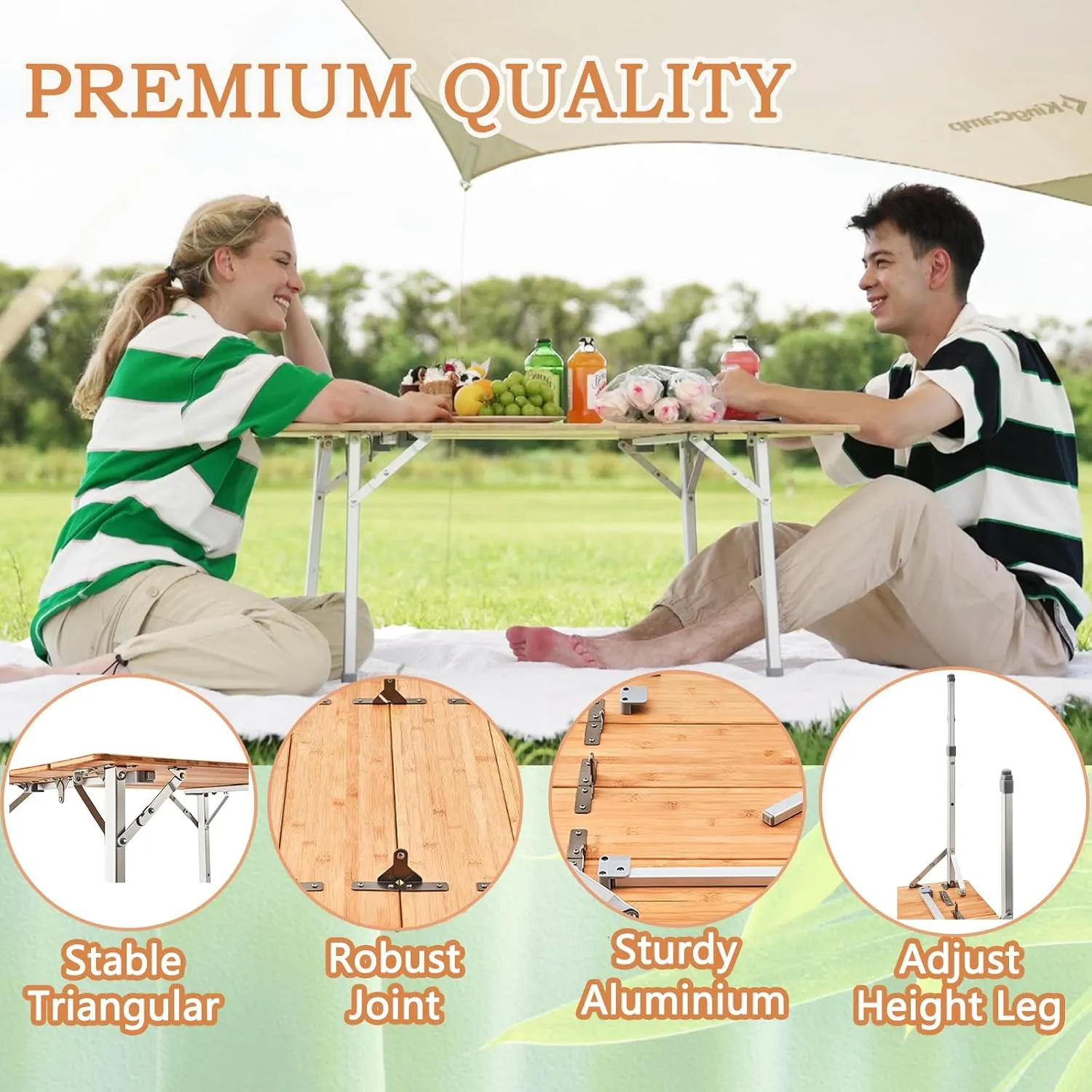 KingCamp Bamboo Camping Table Folding Table with Adjustable Height Aluminum Legs Heavy Duty 176lbs 4-Fold Portable Foldable Camp Tables for Travel, Picnic, 4-5 People