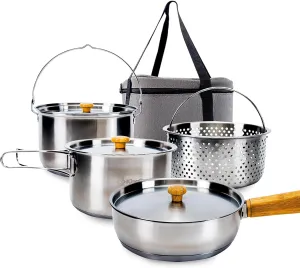 KingCamp Camping Cookware Set 304 Stainless Steel Campfire Cooking Pots Pan and Kettle with Travel Tote Bag for Camping Outdoor Kitchen Cooking Picnic for 4-6