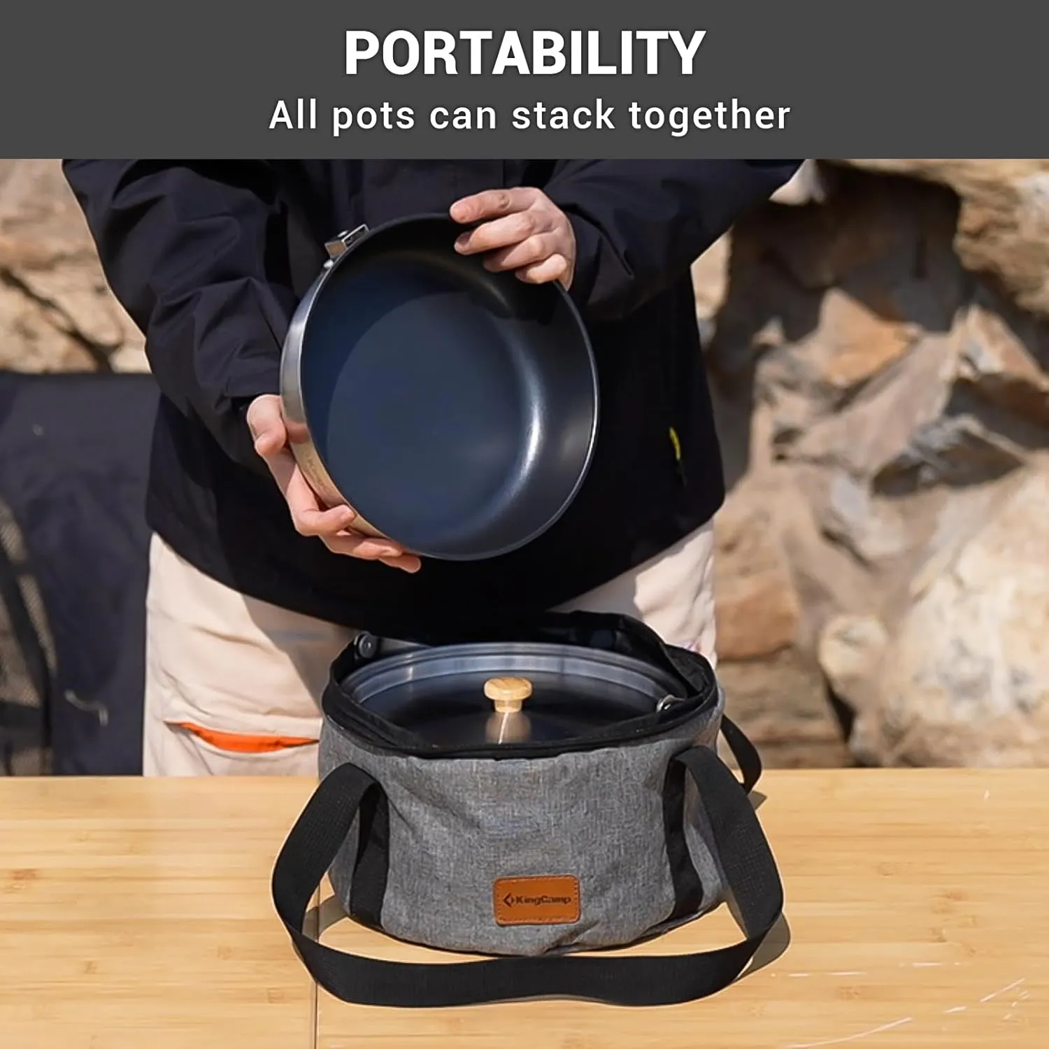 KingCamp Camping Cookware Set 304 Stainless Steel Campfire Cooking Pots Pan and Kettle with Travel Tote Bag for Camping Outdoor Kitchen Cooking Picnic for 4-6