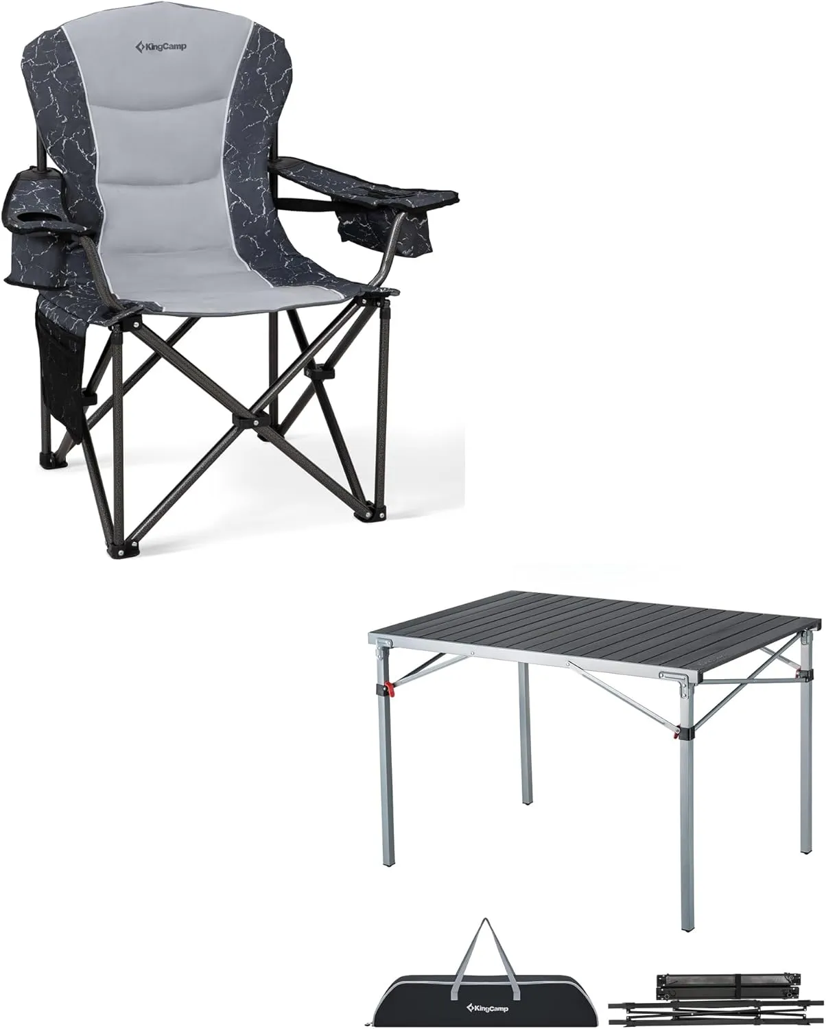 KingCamp Oversized Camping Folding Chair, Heavy Duty 450 LBS with Folding Camping Table, Aluminum Roll-Up Camp Table for 6-8 Person
