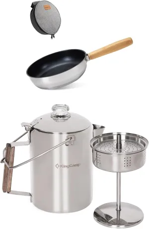 KingCamp Percolator Coffee Pot Campfire Coffee Boiler Kettle With 8" Frying Pan Skillet 304 Stainless Steel Nonstick Cookware