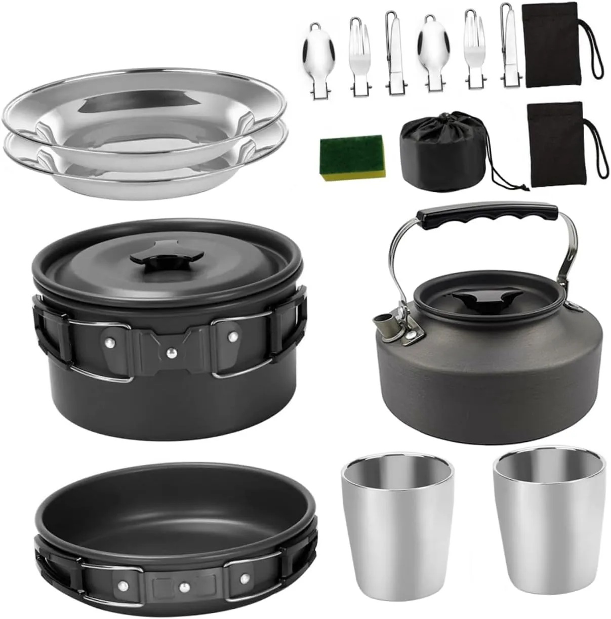 Kisangel 1Set Camping Cookware for People Portable Outdoor Cooking Tools with Handle Lightweight Anodized Pots and Pans for Hiking